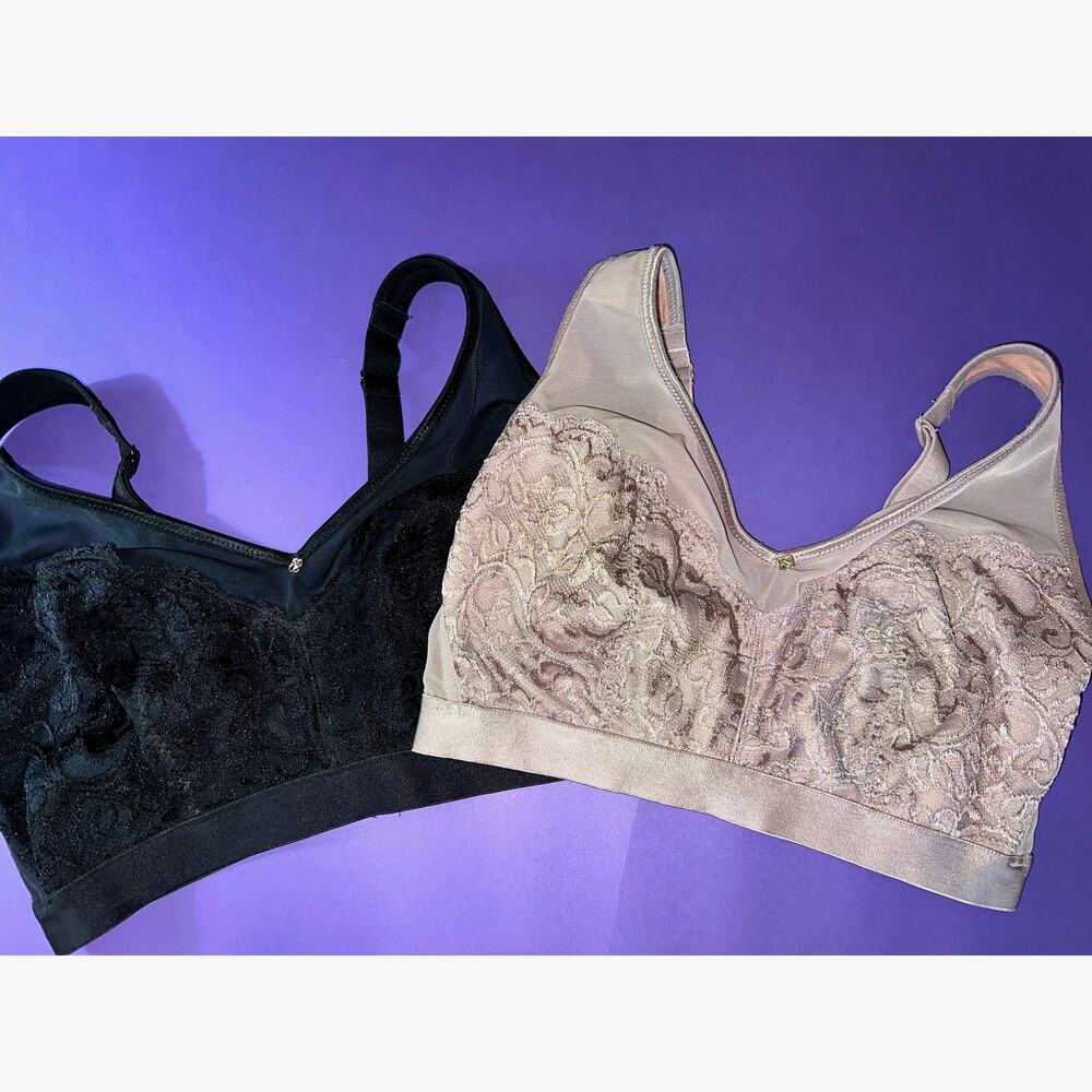 Breezies Bra Lot 36DDD Mesh Lace Wirefree Black + Dusty Plum NoWire Unlined QVC